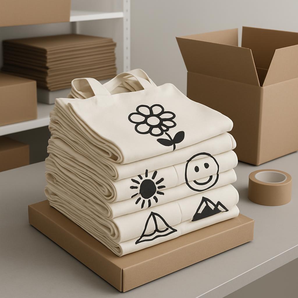 A neutral-toned photograph of stacked beige canvas tote bags and an open cardboard box.
